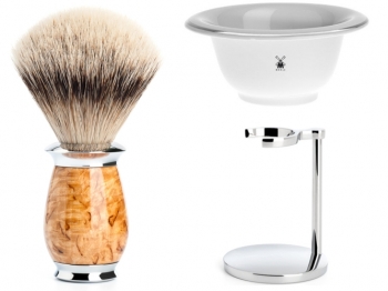 Rasierpinsel Setangebot 3tlg. Mhle Purist Dachshaar Silberspitz Maserbirke