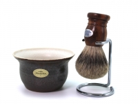 Rasierpinsel (Dachshaar - Silberspitz) Setangebot 3-teilig Walnussholz Tonschale Halter
